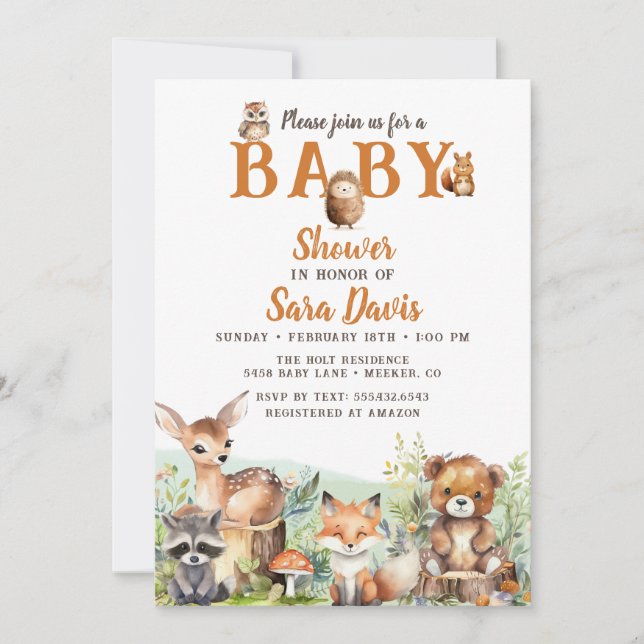 Convites Woodland Baby Chá de fraldas Invite (Frente)