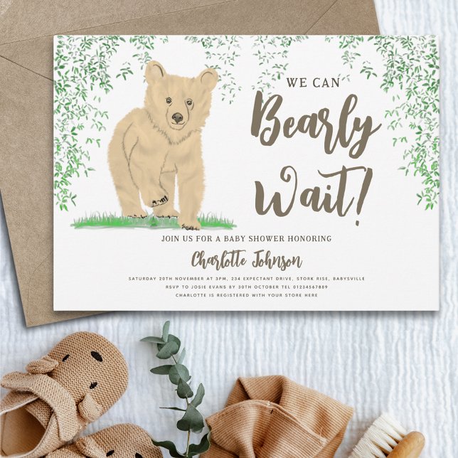 Convites Woodland Bear Sexo Chá de fraldas Neutro (Woodland bear we can bearly wait gender neutral baby shower invitation)