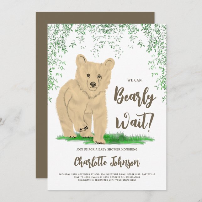 Convites Woodland Bear Sexo Chá de fraldas Neutro (Frente/Verso)