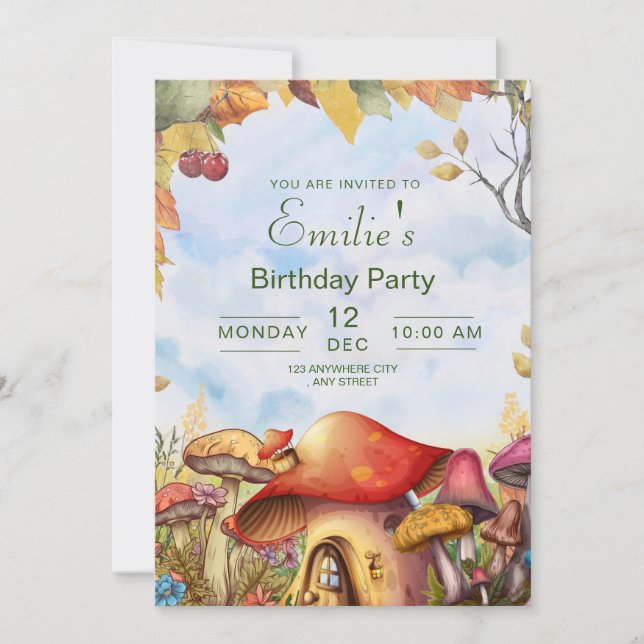 Convites Woodland Birthday Convite, Woodland Mushroom (Frente)