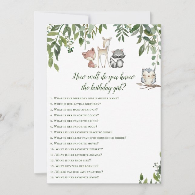 Convites Woodland Birthday Game - Quem conhece Birthday Gir (Frente)