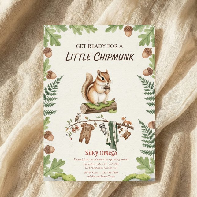 Convites Woodland chipmunk Greenery baby shower (Criador carregado)