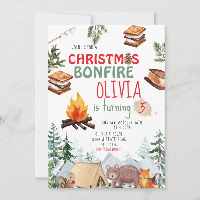 Convites Woodland Christmas Holiday Bonfire Invite (Frente)