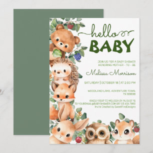 Convites Woodland Creatures Hello Baby Boy Chá