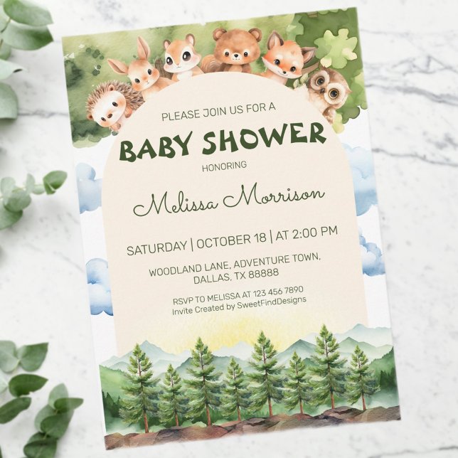 Convites Woodland Curioso Animal Baby Boy Chá (Woodland Curious Animals Baby Boy Shower Invitation)