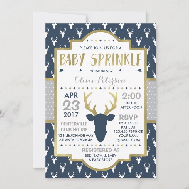 Convites Woodland Deer Baby Sprinkle Invent, Faux Foil (Frente)
