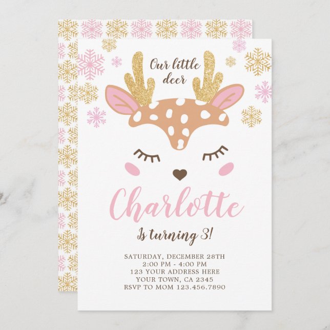 Convites Woodland, Deer Birthday (Frente/Verso)