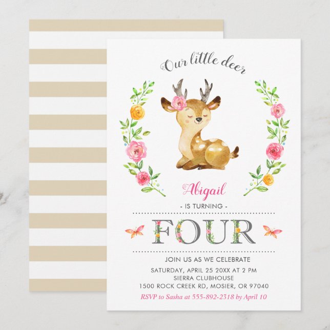 Convites Woodland Deer Girl Floral 4º aniversário (Frente/Verso)