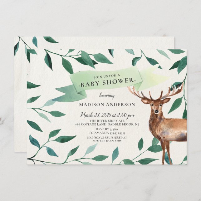 Convites Woodland Deer Neutral Chá de fraldas (Frente/Verso)