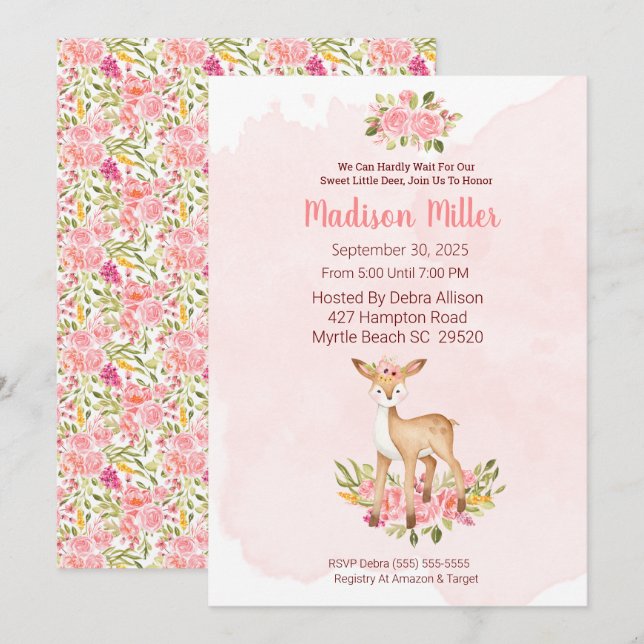 Convites Woodland Deer Pink Floral Chá de fraldas Invitati (Frente/Verso)