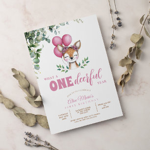 Convites Woodland Deer Pink Greenery Garota Primeiro Aniver