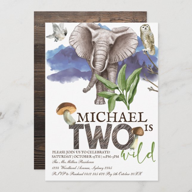 Convites Woodland Elephant Watercolor Segundo Aniversário (Frente/Verso)