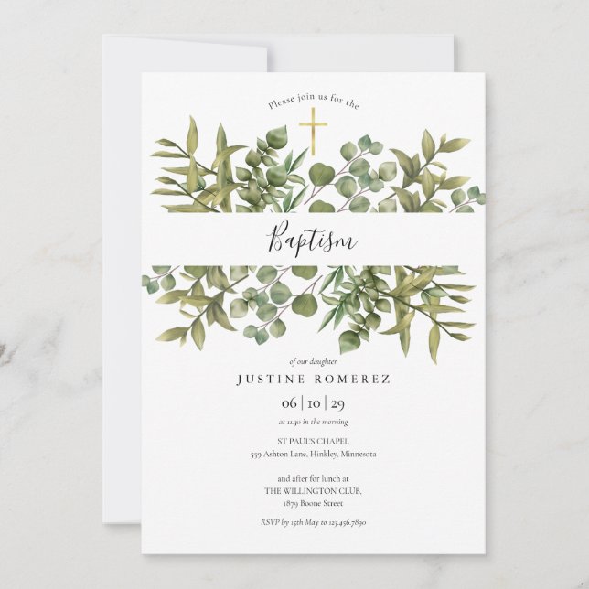 Convites Woodland Eucalyptus Greenery Baptism Christening (Frente)
