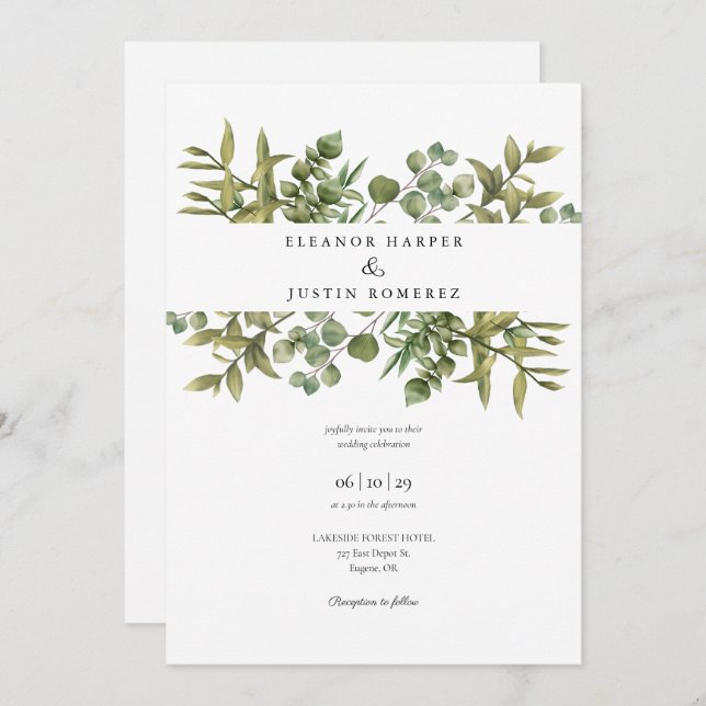 Convites Woodland Eucalyptus Greenery Casamento (Frente/Verso)