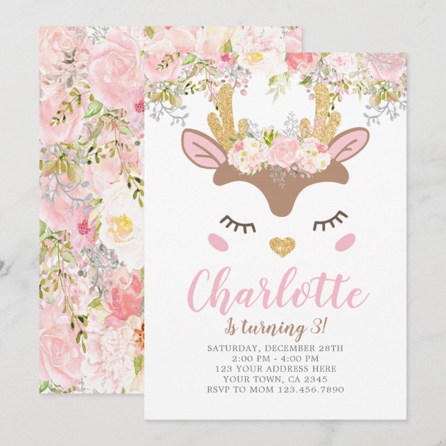 Convites Woodland, Floral Deer Birthday (Frente/Verso)