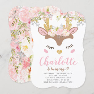 Convites Woodland, Floral Deer Birthday