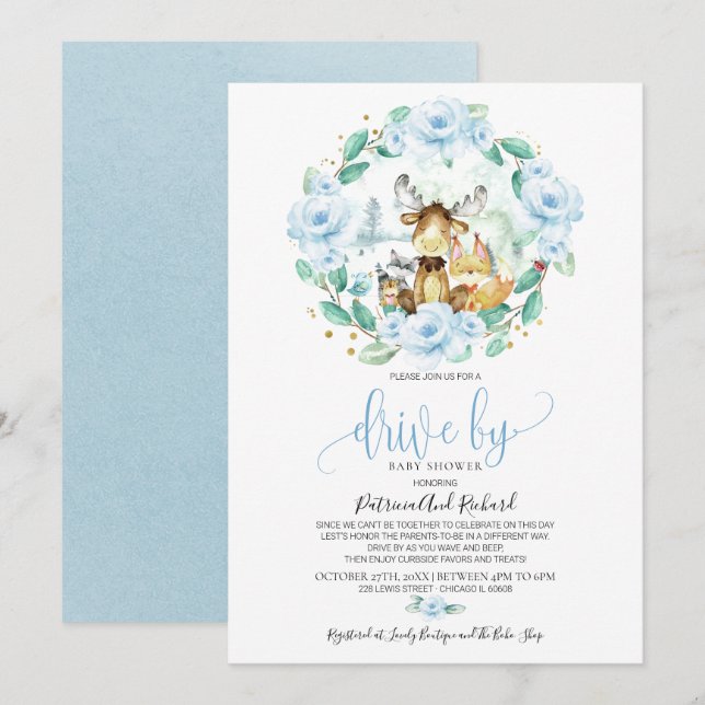 Convites Woodland Floral Greenery Drive Por Chá de fraldas (Frente/Verso)