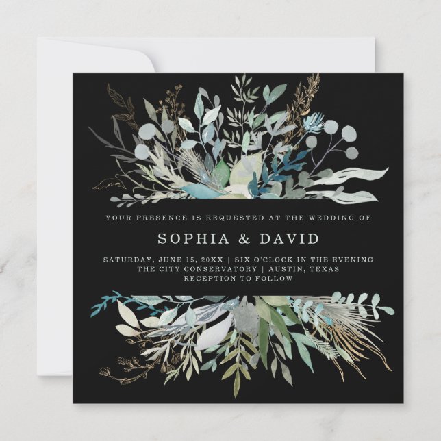 Convites Woodland Foliage Wedding | Preto (Frente)
