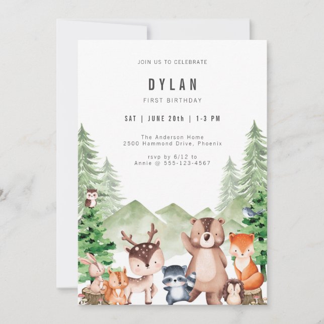 Convites Woodland Forest Animal Boy Birthday Invitation (Frente)