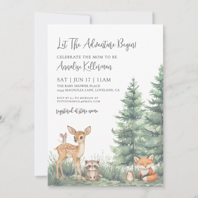 Convites Woodland Forest Animals Adventure Baby Shower (Frente)