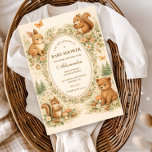 Convites Woodland Forest Animals Baby Shower<br><div class="desc">This charming woodland baby shower design features adorable forest animals gathered around a delicate vintage frame, creating a warm storybook scene perfect for celebrating a little one on the way. Sweet illustrations of a bunny, raccoon, squirrel, and owl are surrounded by tiny mushrooms, pinecones, wildflowers, and soft woodland greenery. The...</div>
