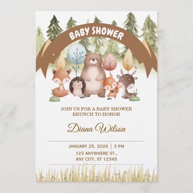 Convites Woodland Forest Baby Shower Invite (Frente)