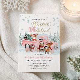 Convites Woodland Forest Pink Truck ONEderland 1st Birthday