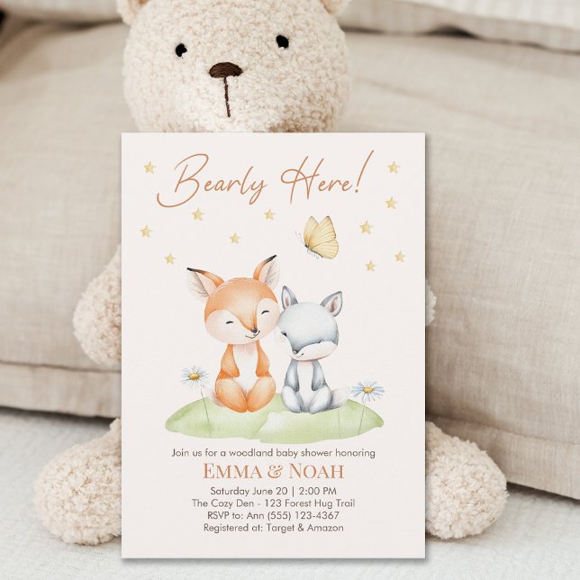 Convites Woodland Fox and Bear Neutral Baby Shower (Criador carregado)