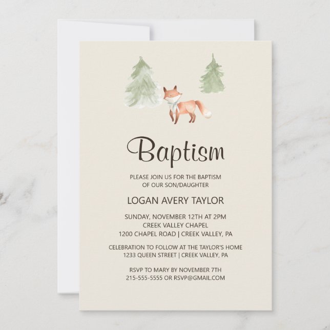 Convites Woodland Fox Baby Baptism (Frente)