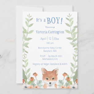Convites Woodland Fox Baby Boy Script Chá de fraldas Flora
