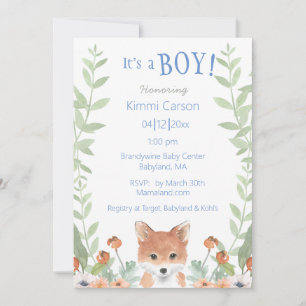Convites Woodland Fox Baby Boy Script Chá de fraldas Flora