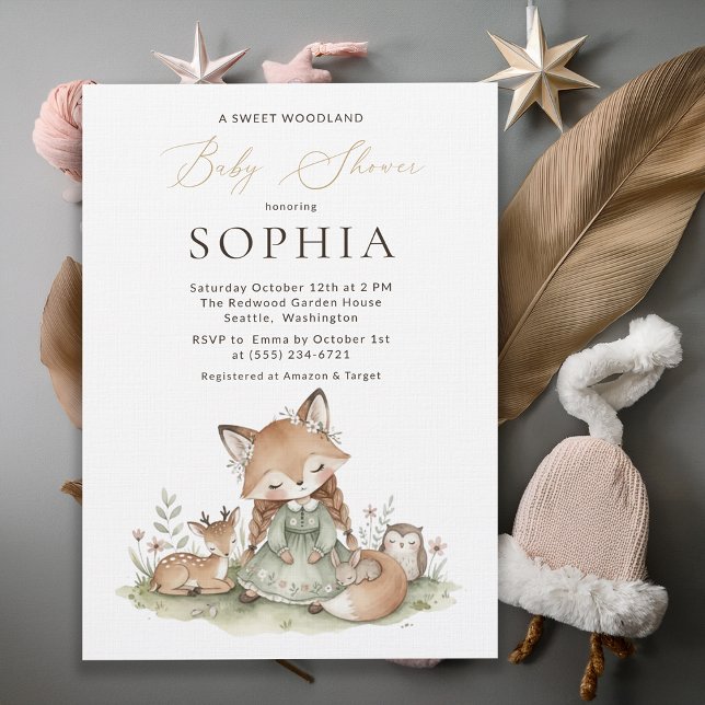 Convites Woodland Fox Girl Baby Shower Invitation Card (Criador carregado)