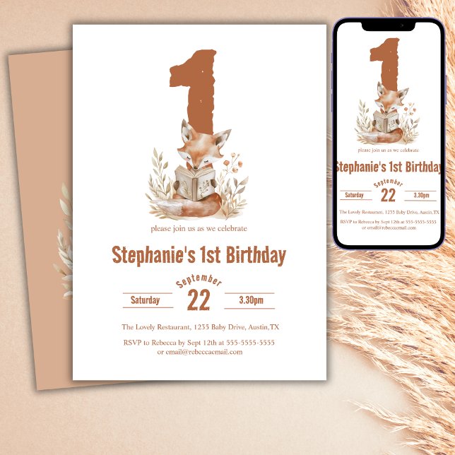 Convites Woodland Fox Lendo um primeiro aniversario de Livr (Criador carregado)