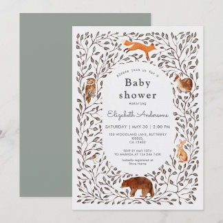 Convites Woodland Friends Gender Neutral Sage Baby Shower