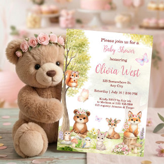 Convites Woodland Girl Baby Shower Forest Animals 
