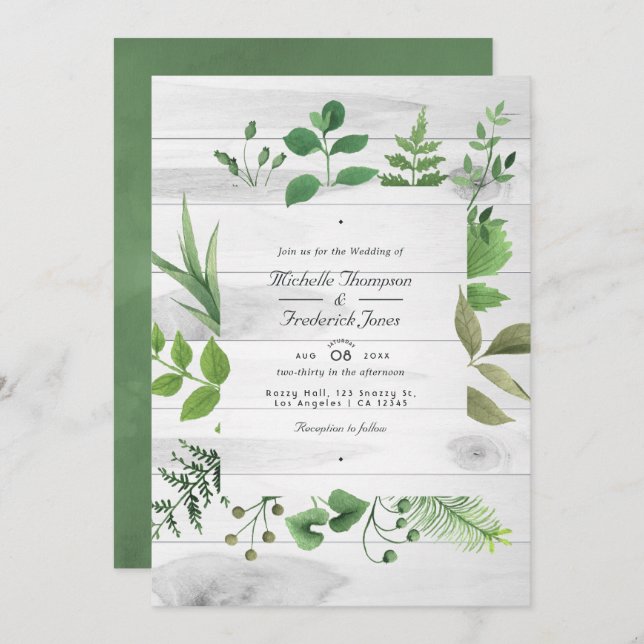 Convites Woodland Greenery Rustic Código QR RSVP Casamento (Frente/Verso)