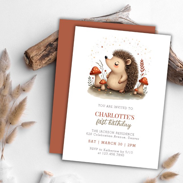 Convites Woodland Hedgehog primeiro aniversario (Whimsical Hedgehog Mushroom 1st Birthday Party Invitation)