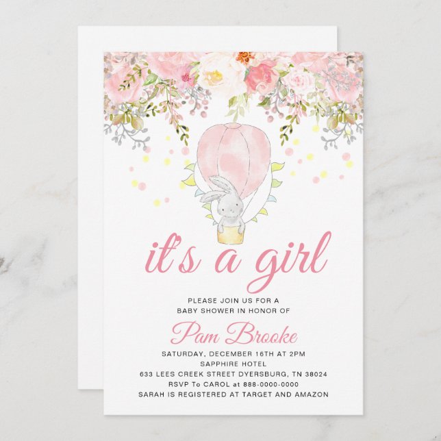 Convites Woodland Hot Air Ballon Bunny Chá de fraldas (Frente/Verso)