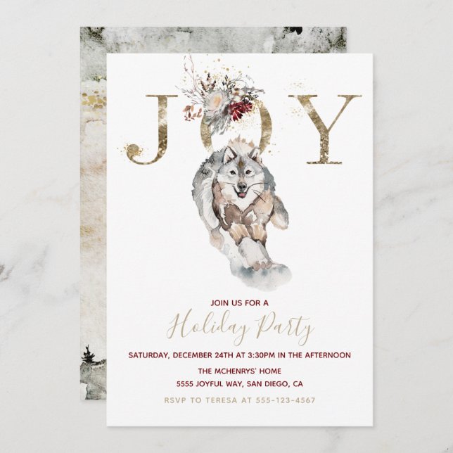 Convites Woodland Joy Wolf Dog Holiday Party (Frente/Verso)