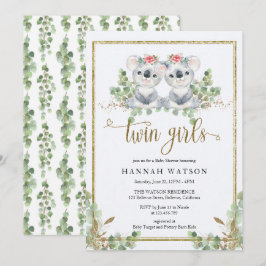 Convites Woodland Koala Eucalyptus Pink Roses Chá de fralda