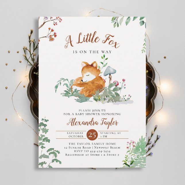 Convites Woodland Little Fox Mushroom Chá de fraldas verde (woodland baby shower invitation enchanted woods forest little fox mushrooms wildflowers earthy magic)