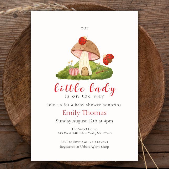 Convites Woodland Little Lady Ladybug Chá de fraldas de Mus (Woodland Little Lady Ladybug Mushroom Baby Shower Invitation)