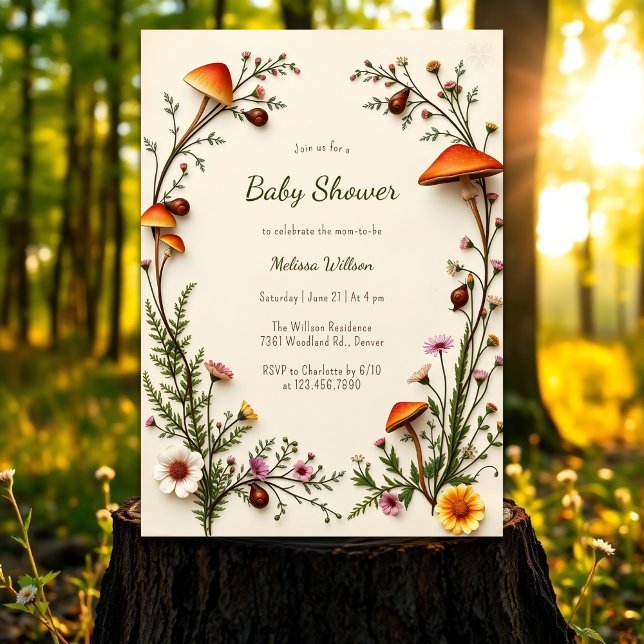 Convites Woodland Mushroom Rustic Boho Chá de fraldas (Woodland Mushroom Rustic Boho Baby Shower Invitation)