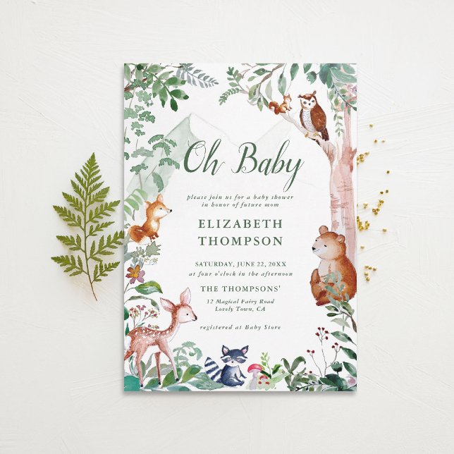 Convites Woodland Oh Baby Encantado Woods Chá de fraldas Bo (woodland baby shower invitation neutral enchanted forest bear fox deer magical woods fairy)