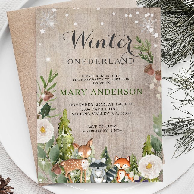 Convites Woodland Pine Trees Winter Onederland aniversário (Criador carregado)