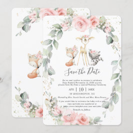 Convites Woodland Pink Floral Salve a data Nome do bebê