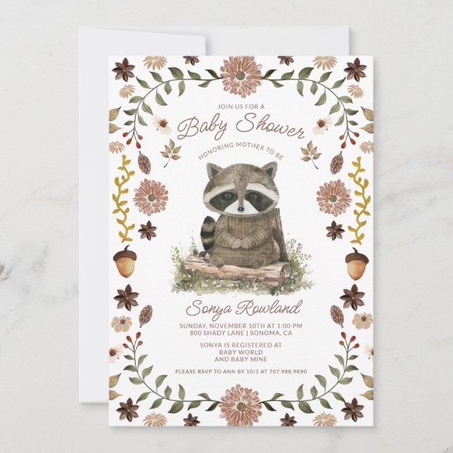 Convites Woodland Raccoon Baby Shower (Frente)