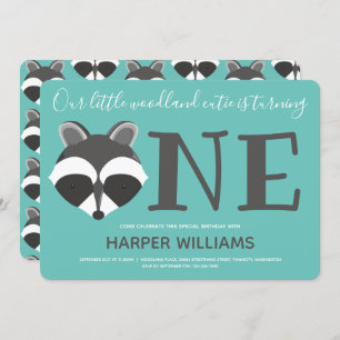 Convites Woodland Raccoon Teal Baby Um Primeiro Aniversário