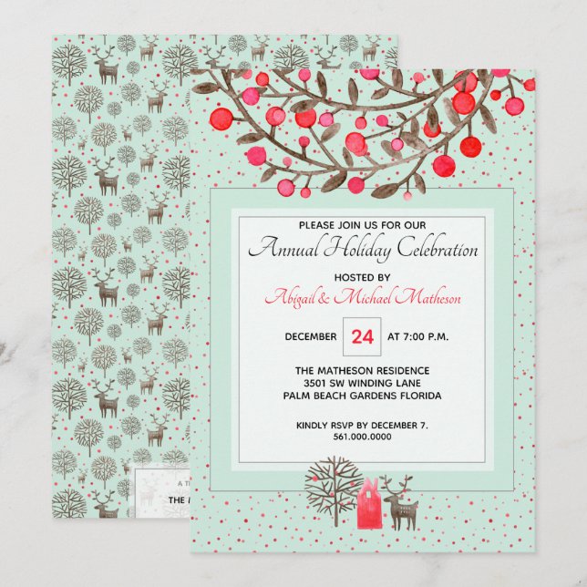 Convites Woodland Reindeer Berries Mint Green Holiday Party (Frente/Verso)