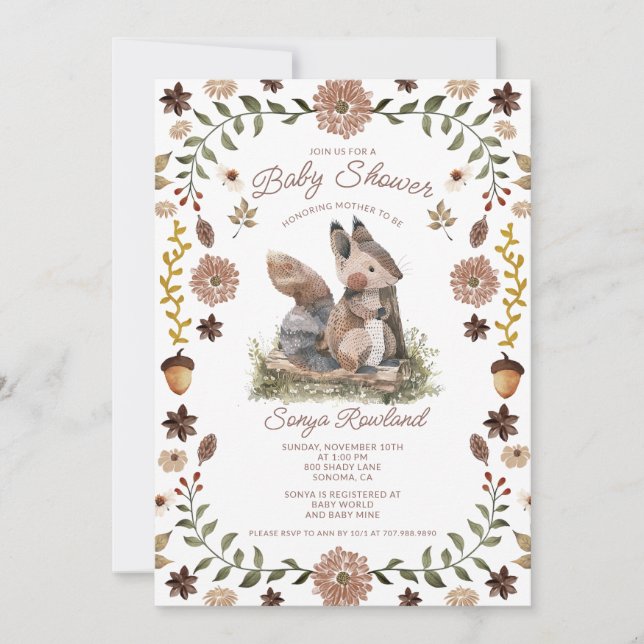 Convites Woodland Squirrel Baby Shower (Frente)